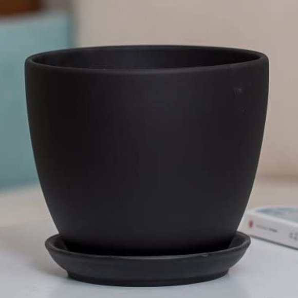 Vintage Other - Flat Black Round Ceramic Planter Pot w/ Saucer